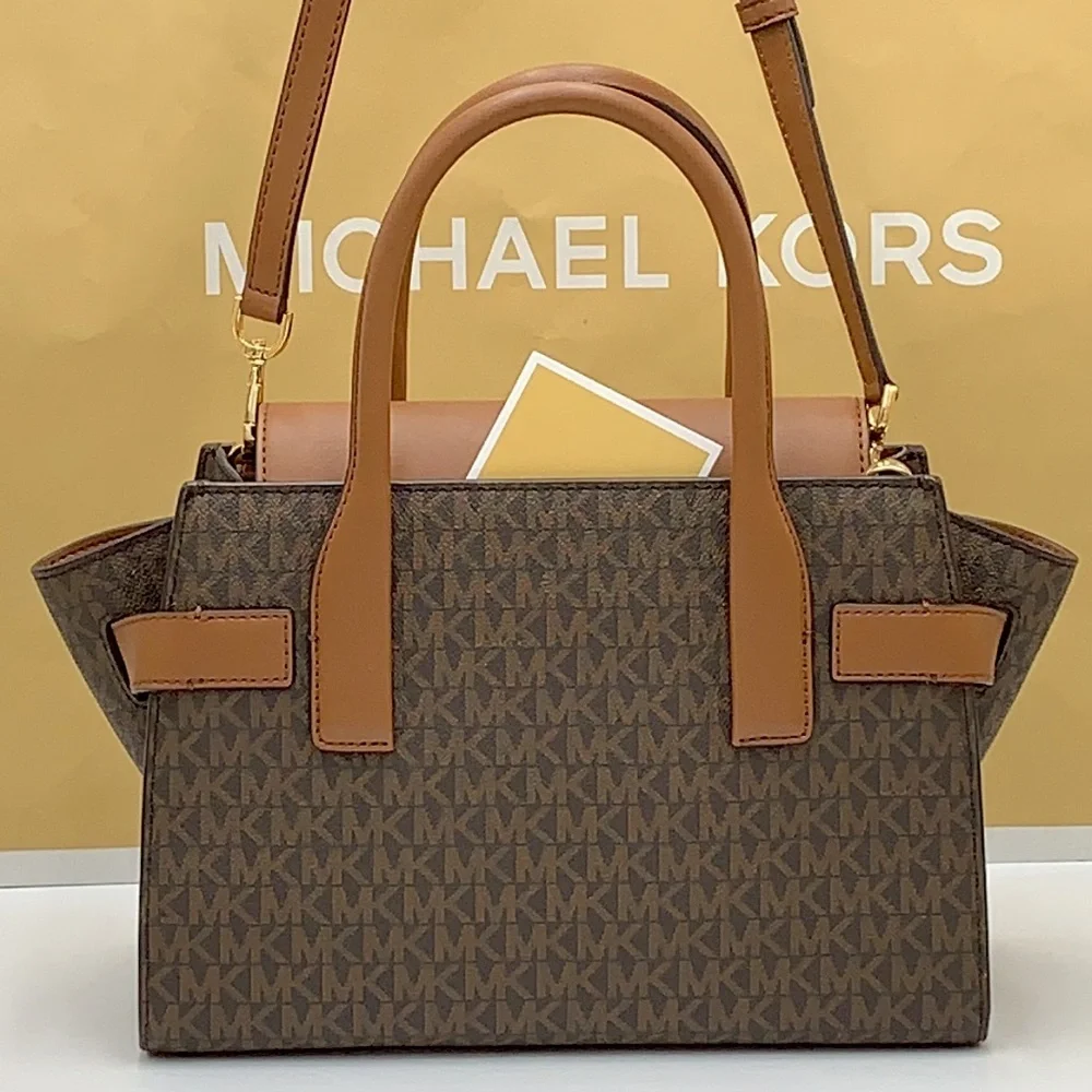 MICHAEL KORS CARMEN MEDIUM FLAP SATCHEL BROWN SIGNATURE COLOR